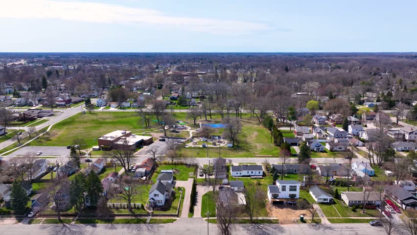 Historic waterfront house aerial view on Lake Huron coast in city of Port Huron, Michigan MI, USA. 