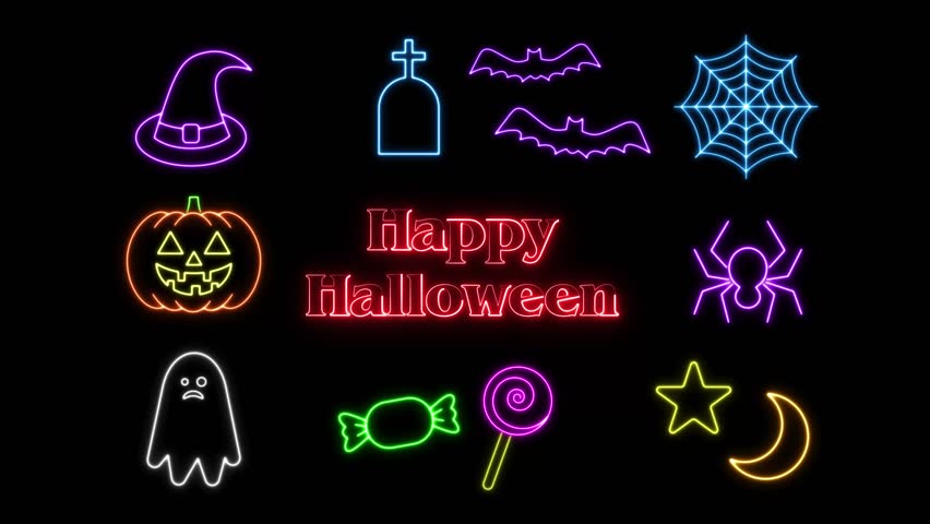 Animated Neon Halloween Icons and Happy Halloween Title Pack on Black Background. 4K Loopable.