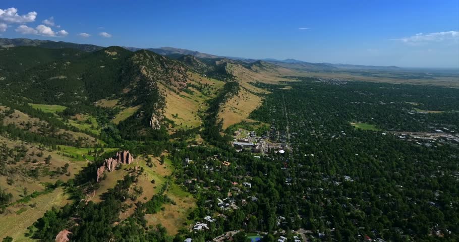 Eben G Fine Park Boulder Mountain Park Canyon Creek early morning sunrise front range Boulder Colorado aerial drone Eldorado Canyon Estes Park neighborhood city sunny blue sky forward motion
