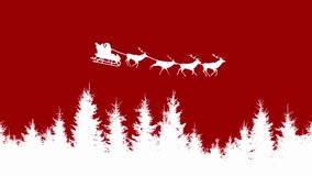 Magical Christmas scene animation with Santa Claus flying in sleigh pulled by reindeer across snowy winter pine forest on festive red background filled with falling snowflakes. - Powered by Shutterstock - Get 15% off with code: PIKWIZARD15