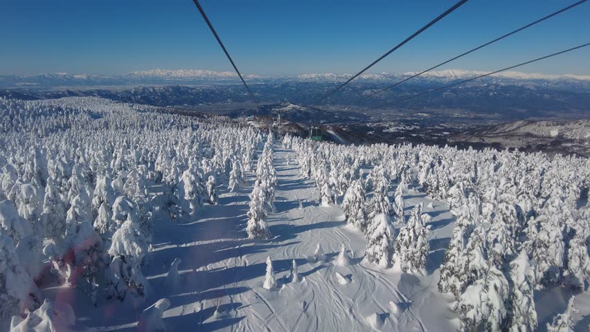 Cable cars flying over forests of frost trees (giant Juhyo, snow monster) on the snowy mountainside under sunny winter sky in Zao, a famous resort for skiing and Onsen (hot springs) in Yamagata, Japan