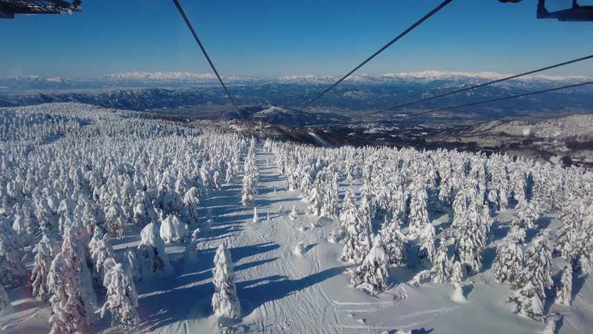 Cable cars flying over forests of frost trees (giant Juhyo, snow monster) on the snowy mountainside under sunny winter sky in Zao, a famous resort for skiing and Onsen (hot springs) in Yamagata, Japan