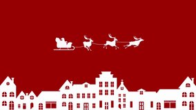 Christmas illustration of Santa Claus riding sleigh with reindeer flying over winter town at night. Festive red background with falling snowflakes creates joyful holiday atmosphere. - Powered by Shutterstock - Get 15% off with code: PIKWIZARD15