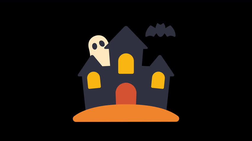 Cartoon animation of a haunted house with a ghost and bat, evoking halloween and spooky themes. Great for seasonal designs and party invitations.