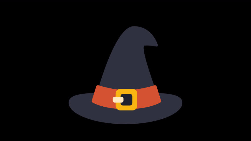 Animated witch hat with a brown belt and a golden buckle. Halloween themed animation with magic sparkles, perfect for spooky season designs.