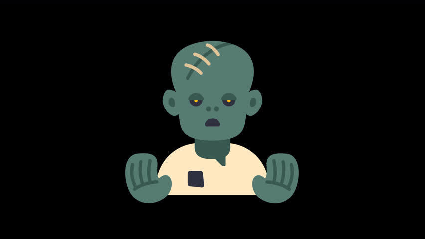 Cartoon zombie character with green skin, stitches on head, and outstretched hands, ideal for halloween or spooky themes.
