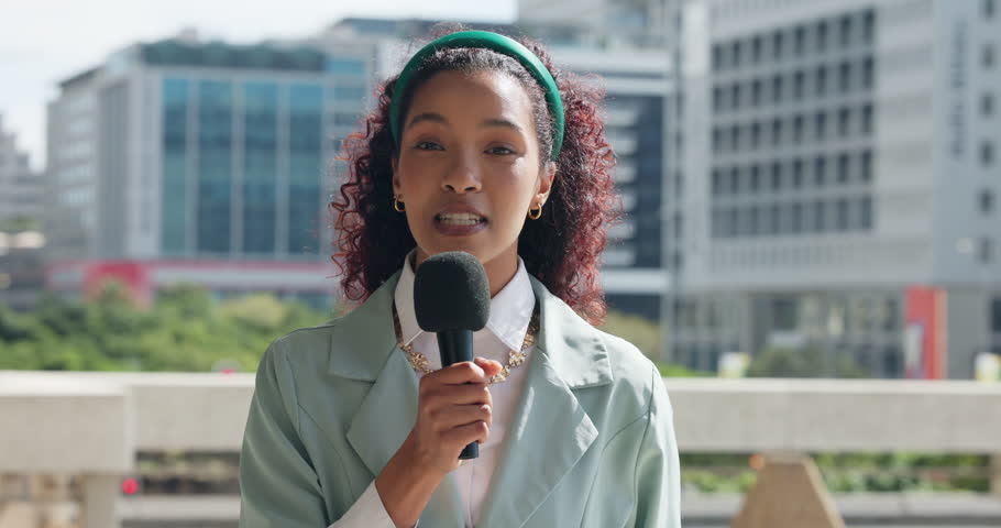 Woman, face or anchor speaking with mic in city for broadcast, breaking news or mass media reporter. Portrait, female person or presenter talking with global announcement for live story in urban town