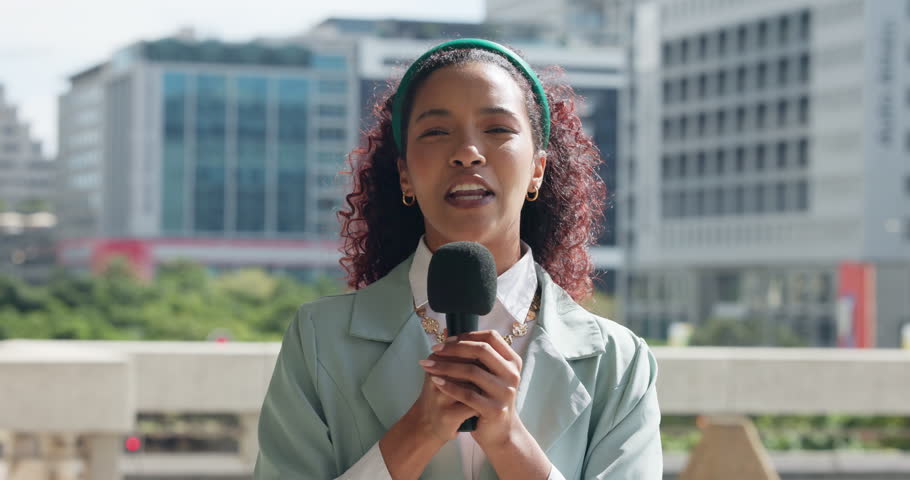 Woman, face or anchor with mic in city for broadcast, breaking news or mass media reporter. Portrait, female person or presenter with announcement for POV, global headline or live story in urban town