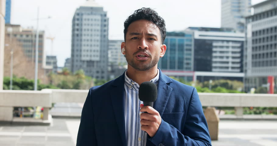 Man, face or anchor speaking with mic for broadcast, breaking news or mass media reporter in city. Portrait, male person or presenter with announcement for global headline or live story in urban town
