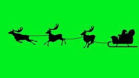 Animated loop of Santa Claus silhouette riding sleigh pulled by three reindeers on green background. Ideal for Christmas holiday backgrounds, festive season templates, and celebration projects. - Powered by Shutterstock - Get 15% off with code: PIKWIZARD15