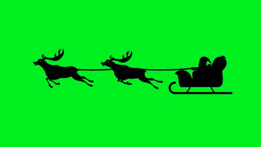 Loopable silhouette animation of Santa Claus riding sleigh with two reindeers on green screen. Ideal for Christmas backgrounds, festive holiday templates and seasonal celebration projects.