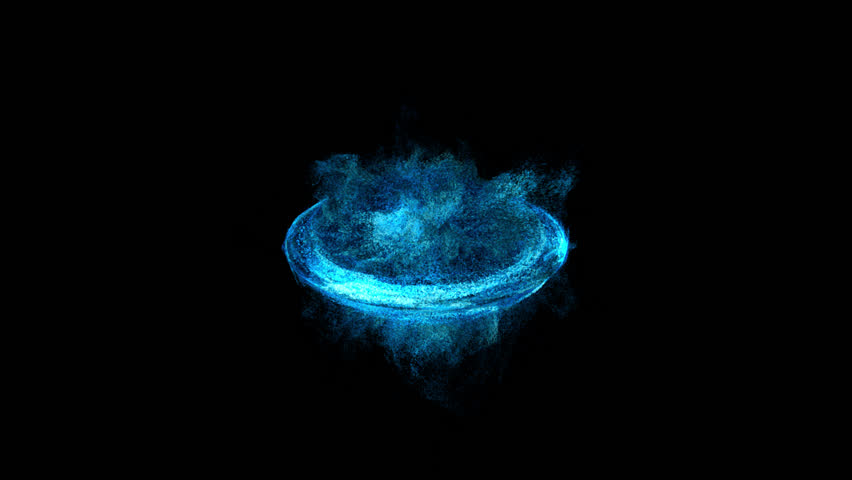 Blue sci fi portal with an energy vortex effect, seamless loop on a transparent background, showing a luminous circular rim, glowing blue interior, and dispersed edge particles.