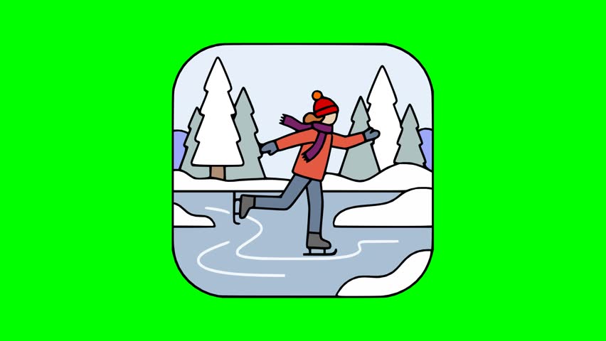 Vector animation icon of person ice skating on frozen lake in snowy winter forest with pine trees and mountain landscape