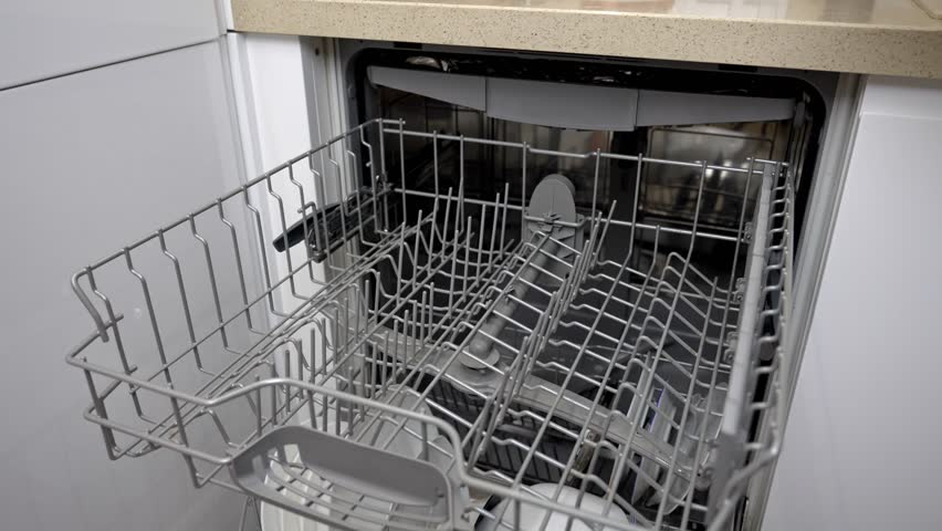 A person skillfully places a pot into a modern kitchen cleaner, showcasing the ease of tidying up after a hearty meal. The surroundings reflect a well-organized cooking space.