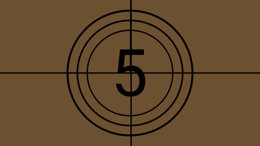 Old film countdown Vintage film countdown animation showing number five in bold black font with circular frame and brown retro background, classic cinema reel intro transition.
