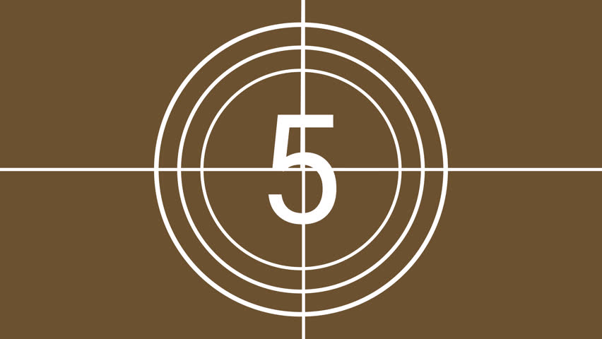 Old film countdown Vintage film countdown animation showing number five in bold black font with circular frame and brown retro background, classic cinema reel intro transition.

