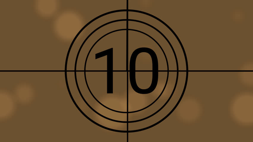 Old film cou ntdown Retro film countdown animation with number ten in bold black font, circular frame and sepia golden background, vintage movie reel intro design for cinema transitions.
