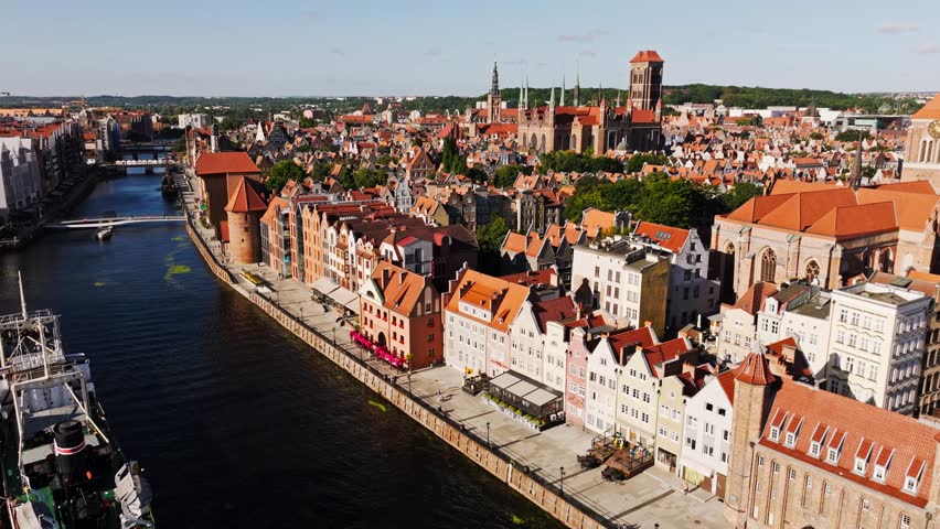 Aerial view of St Mary’s Church and St John’s in historic Gdansk Old Town