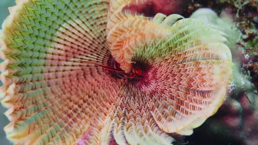 close up shot of a colorful Christmas tree worm Spirobranchus giganteus showcasing its intricate, spiral-shaped feeding plumes in vibrant detail against an underwater backdrop.