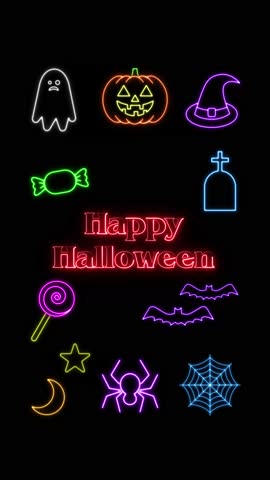 Animated Neon Halloween Icons and Happy Halloween Title Pack on Black Background. 4K Loopable.