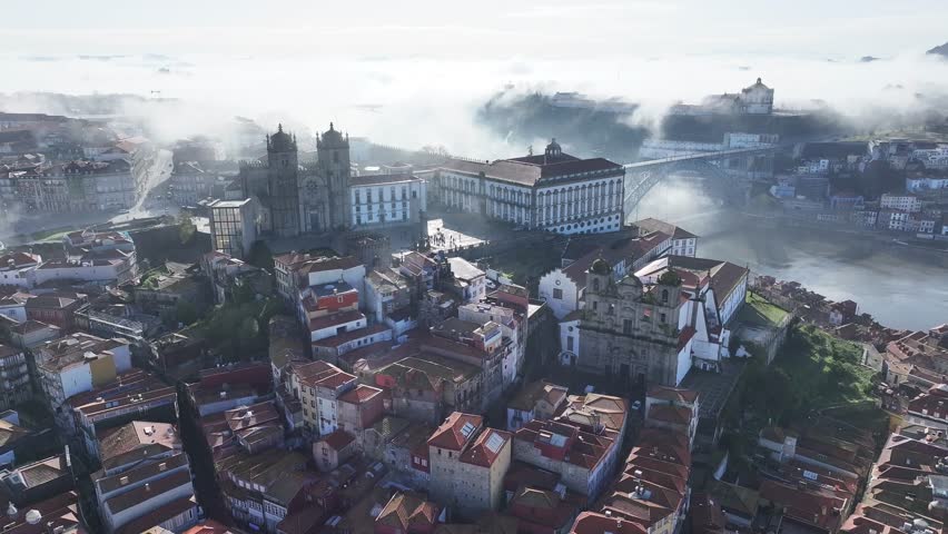 Se Do Porto Church At Porto In Porto District Portugal. Fog Morning Landscape. Downtown Cityscape. Old Town Background. Se Do Porto Church In Portugal. Portugal Skyline. Travel Landscape.
