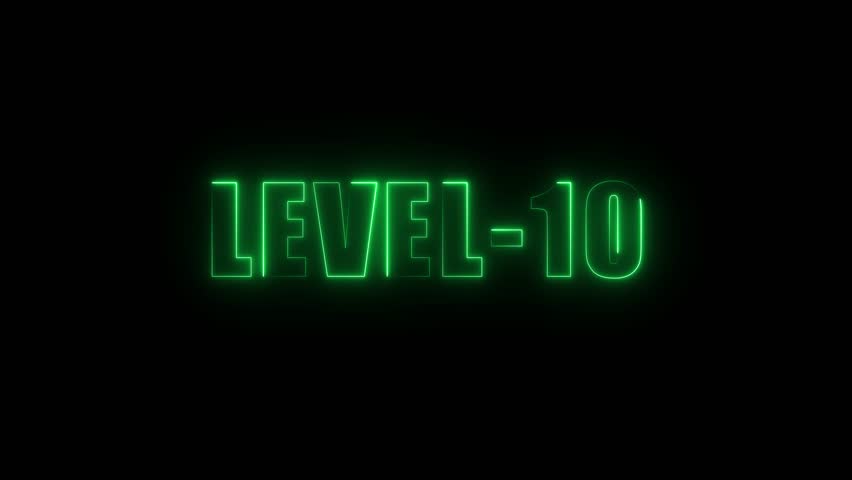 Neon green L E V E L 10 text glowing on black background futuristic digital animation gaming