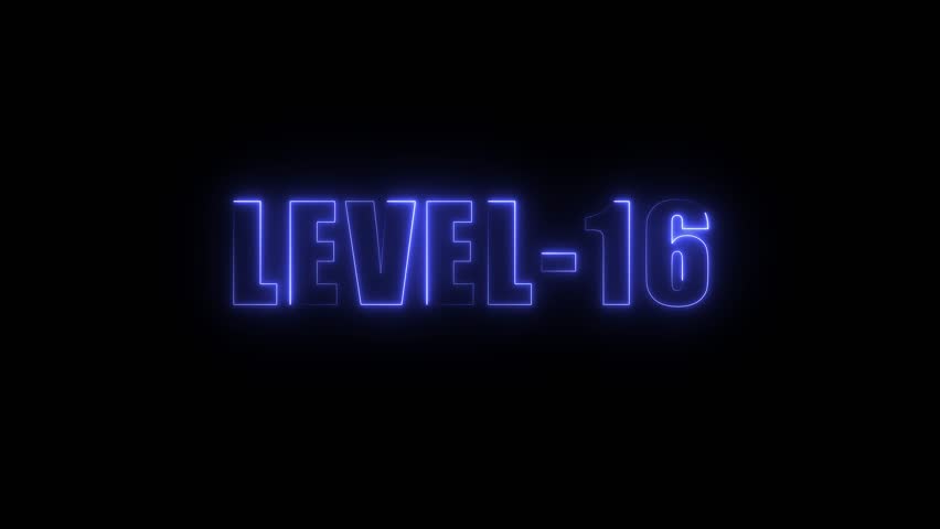 Level 16 neon glowing text on black background futuristic digital display science fiction concept