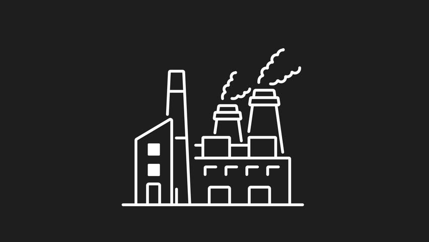 Industrial air pollution white line animation of factory emitting noxious smoke. Suitable for environmental awareness campaigns and educational materials on pollution