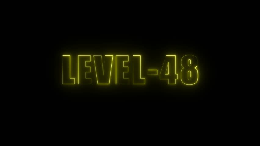 Neon glowing L E V E L 48 text animation on black background futuristic digital display game