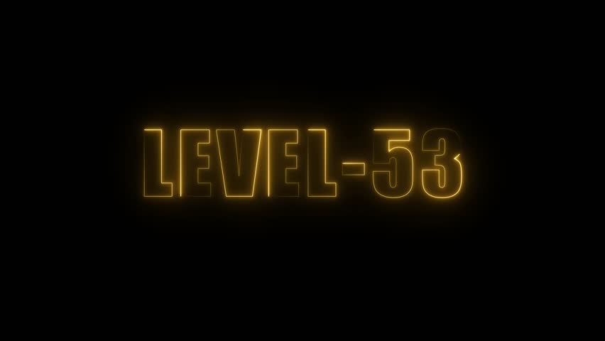 Glowing yellow neon text L E V E L 53 on black background animated progress concept
