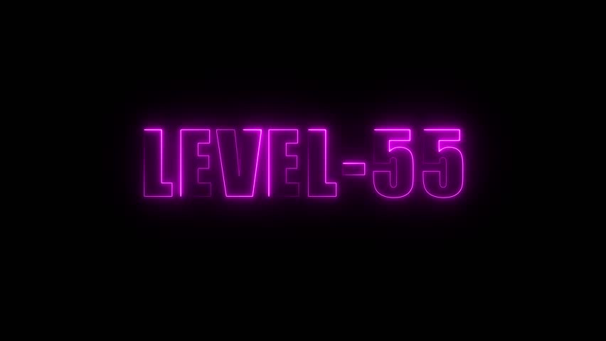 Glowing Neon Level 55 Text Animation Purple Light Effect on Black Background Digital Achievement