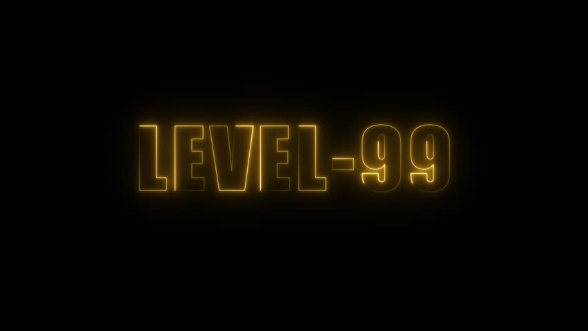 Glowing yellow neon text L E V E L 99 on black background achievement unlocked gaming success