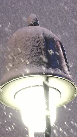 SAPPORO, HOKKAIDO, JAPAN - FEB 2020 : Snow scenery around Susukino city area at night. Soft snow falling at downtown street. Japanese winter and cold snowing season concept vertical video.