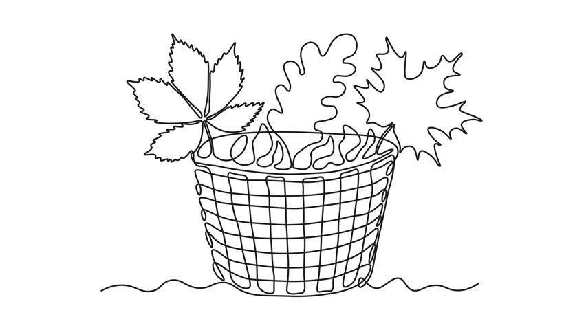 Abstract wicker basket with autumn leaves, Self drawing animation one continuous line draw, logo

