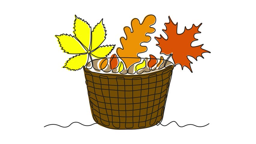 Abstract wicker basket with autumn leaves, Self drawing animation one continuous line draw, logo