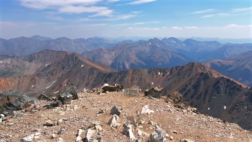 Summer summit of 14er La Plata Peak view Collegiate Peaks Sawatch Range spring summer Rocky Mountains Colorado North Apostle Mt Columbia Oxford Yale Harvard above treeline morning blue sky forward