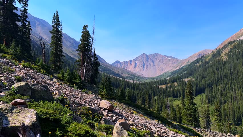 La Plata Gulch Creek Peak Sawatch Range Independence Pass 14er spring summer Rocky Mountains Colorado high elevation alpine above treeline switchback hiking trails morning clear blue skies static shot