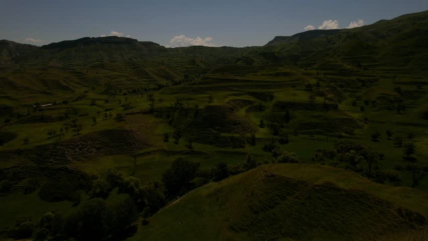 Aerial view of lush green hills in the Kavkaz region. The landscape features terraced fields and scattered trees under a clear blue sky.