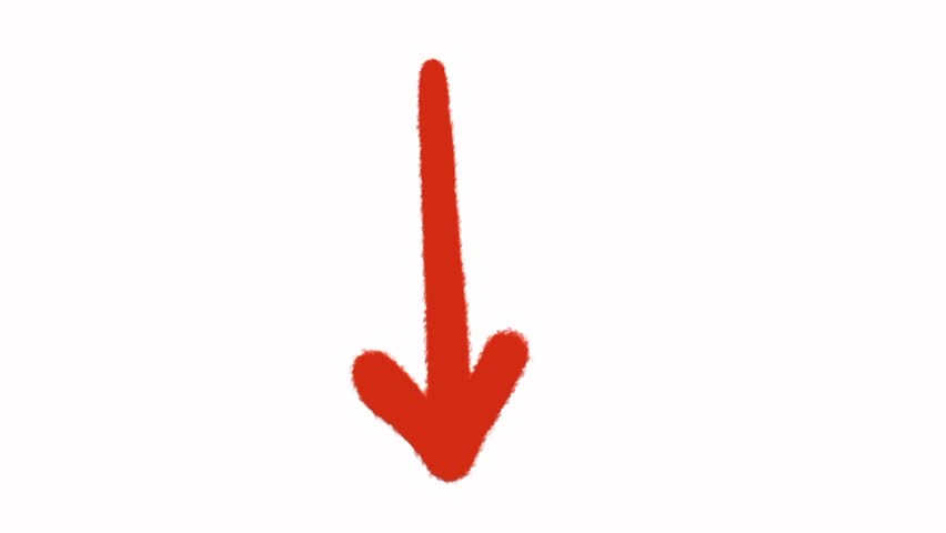 Red hand-drawn arrow pointing down on white background with rough brush stroke