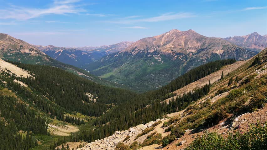La Plata Peak Gulch Trail 14er view of Independence Pass Sawatch Range 14er spring summer Rocky Mountains Colorado high alpine elevation treeline hiking trails morning blue sky haze static shot