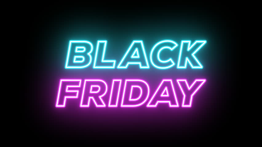 Neon Black Friday banner, blinking animation with text color change. Glowing neon Black Friday text, looped animation for sale promotion, digital ad, social media. Blue magenta colors