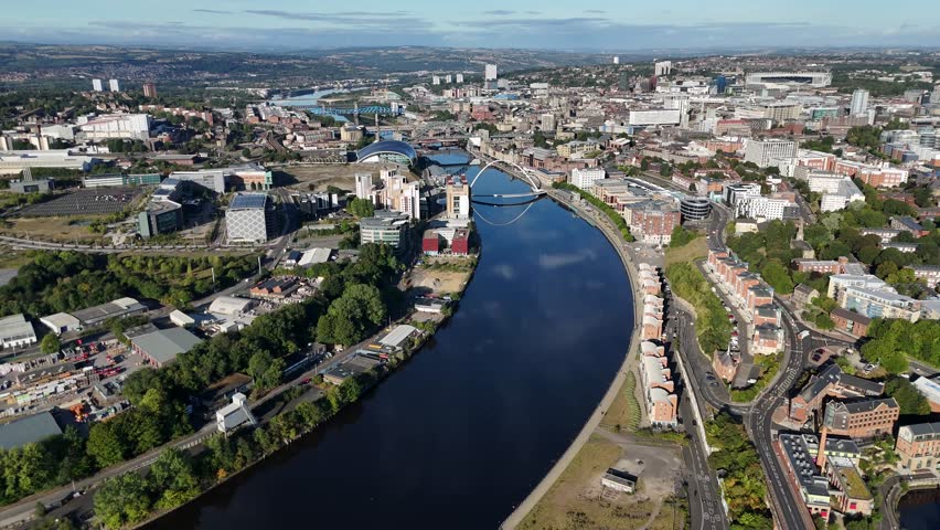 Drone Aerial Footage of Newcastle and Gateshead — River Tyne, Bridges, St ’ Park, City Centre Skyline, UK north east england tyneside