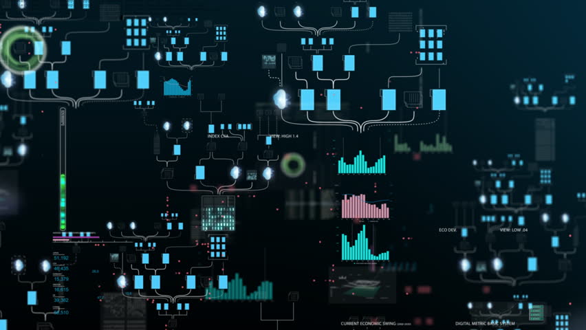 Futuristic dashboard with high-tech nodes, real-time graphs, and streaming data in a blue interface, visualizing global digital infrastructure.