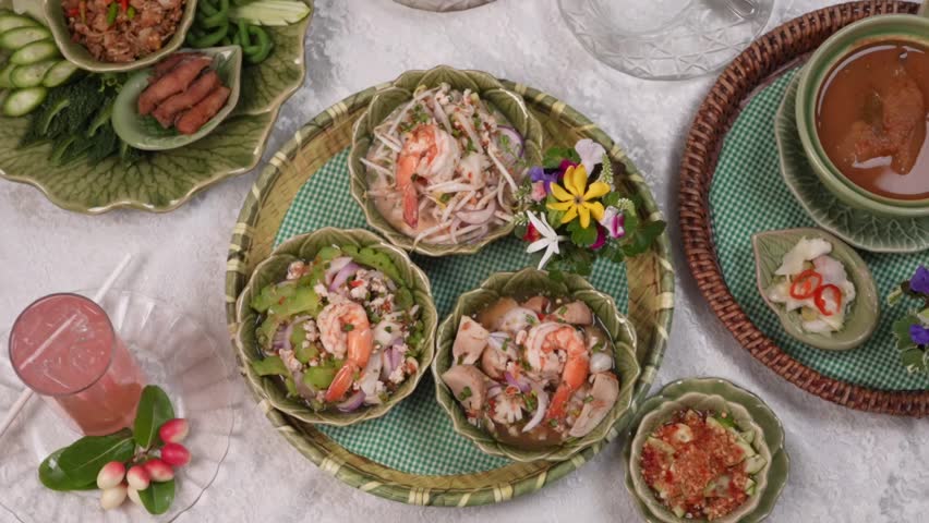 Traditional Thai Samrab offers a perfect balance of spicy, sour, sweet, and salty flavors in one set.