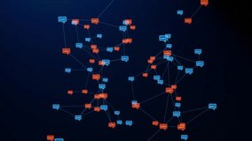 Digital interaction of users, network, polygon, plexus, blue and red speech bubbles. Connected users, model, illuminated lines, futuristic, technology, social media. 3D animation - Powered by Shutterstock - Get 15% off with code: PIKWIZARD15