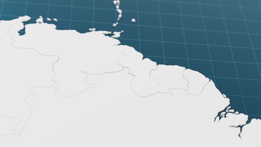 Blue Guyana 3d map with pointer pin surrounded with other countries in white. Political map with borders animation. 3d render