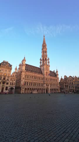 Town Hall and Empty Grand Place at Sunrise. City of Brussels, Belgium. Vertical Video