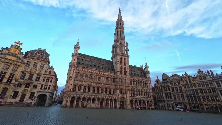 Town Hall and Empty Grand Place Early Morning. City of Brussels, Belgium