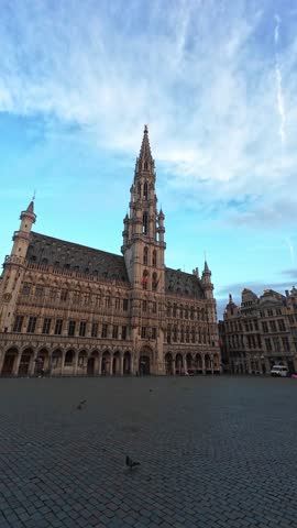 Town Hall and Empty Grand Place Early Morning. City of Brussels, Belgium. Vertical Video