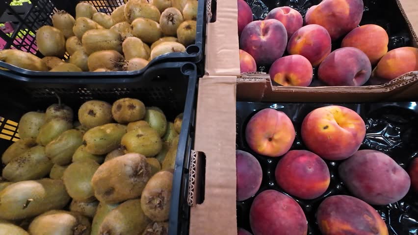 Kiwi and nectarine fruits in plastic crates and cardboard boxes in a supermarket.